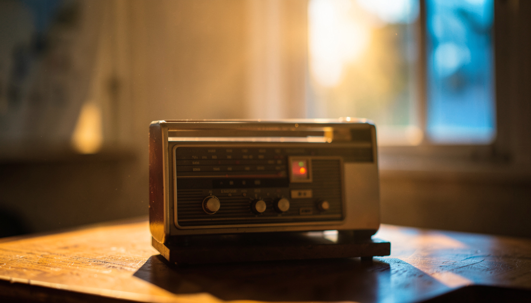 A warm photograph of an old tabletop radio sitting on a wooden surface at golden hour, with soft amber light spilling across the room and a blurred window in the background